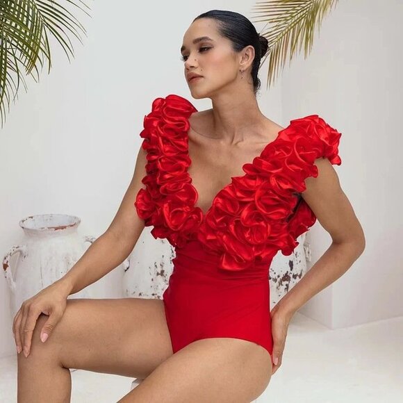 Sexy Glamorous Luxury Runway Party Outfit Ruffles Bodysuit Top Skirt Dress Cover - Picture 14 of 16